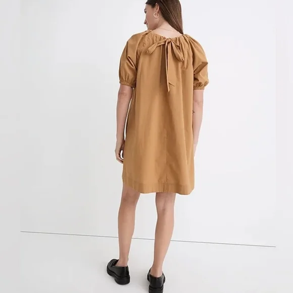 Madewell Poplin Puff Sleeve Mini Dress Size Small Tie Neck Pockets Neutral Toffe - Picture 2 of 13